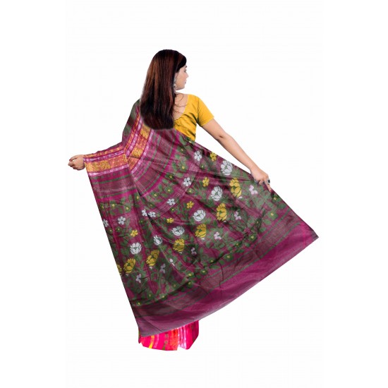 Pink and Yellow Cotton Printed Jamdani Saree