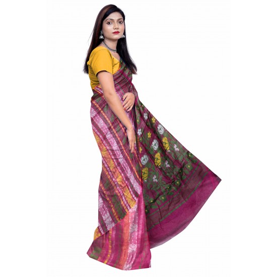 Pink and Yellow Cotton Printed Jamdani Saree